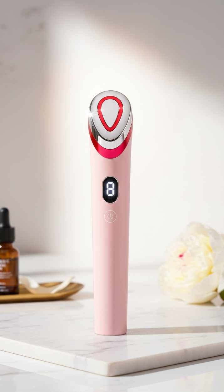 Pink electronic device with digital display on a white surface